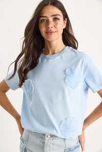 Bianco Lucci Bisiklet Yaka Çiçek Aksesuarlı Kısa Kollu T-Shirt 60602060 - Bebe Mavisi