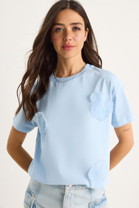 Bianco Lucci Bisiklet Yaka Çiçek Aksesuarlı Kısa Kollu T-Shirt 60602060 - Bebe Mavisi
