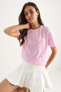 Bianco Lucci Bisiklet Yaka Çiçek Aksesuarlı Kısa Kollu T-Shirt 60602060 - Şeker Pembe