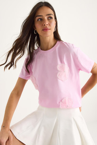 Bianco Lucci Bisiklet Yaka Çiçek Aksesuarlı Kısa Kollu T-Shirt 60602060 - Şeker Pembe