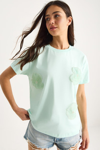 Bianco Lucci Bisiklet Yaka Çiçek Aksesuarlı Kısa Kollu T-Shirt 60602060 - Su Yeşili