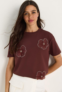 Bianco Lucci Bisiklet Yaka Çiçek Aksesuarlı Kısa Kollu T-Shirt 60602060 - Kahve