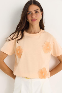 Bianco Lucci Bisiklet Yaka Çiçek Aksesuarlı Kısa Kollu T-Shirt 60602060 - Yavru Ağzı