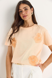 Bianco Lucci Bisiklet Yaka Çiçek Aksesuarlı Kısa Kollu T-Shirt 60602060 - Yavru Ağzı