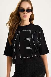 Bianco Lucci Bisiklet Yaka Taş Baskılı Basic Salaş T-Shirt 60602061 - Siyah