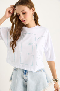 Bianco Lucci Bisiklet Yaka Taş Baskılı Basic Salaş T-Shirt 60602061 - Beyaz
