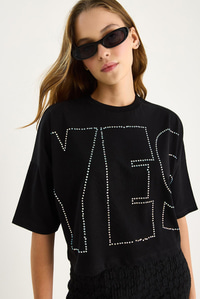 Bianco Lucci Bisiklet Yaka Taş Baskılı Basic Salaş T-Shirt 60602061 - Siyah