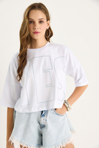 Bianco Lucci Bisiklet Yaka Taş Baskılı Basic Salaş T-Shirt 60602061 - Beyaz