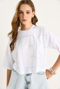 Bianco Lucci Bisiklet Yaka Taş Baskılı Basic Salaş T-Shirt 60602061 - Beyaz