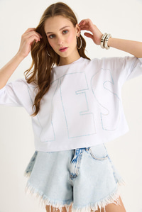 Bianco Lucci Bisiklet Yaka Taş Baskılı Basic Salaş T-Shirt 60602061 - Beyaz