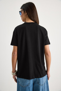 Bianco Lucci Çiçek Taş Aksesuarlı Kısa Kollu Bisiklet Yaka T-Shirt 60602059 - Siyah