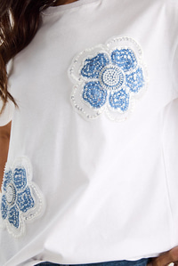 Bianco Lucci Çiçek Taş Aksesuarlı Kısa Kollu Bisiklet Yaka T-Shirt 60602059 - Beyaz