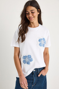 Bianco Lucci Çiçek Taş Aksesuarlı Kısa Kollu Bisiklet Yaka T-Shirt 60602059 - Beyaz