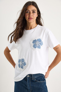 Bianco Lucci Çiçek Taş Aksesuarlı Kısa Kollu Bisiklet Yaka T-Shirt 60602059 - Beyaz