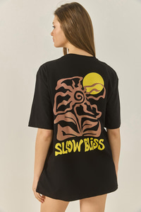 Bisiklet Çiçek Grafik Baskılı Oversize Pamuklu T-Shirt 60284050 - Siyah