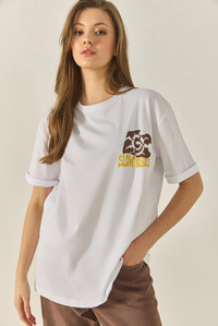 Bisiklet Çiçek Grafik Baskılı Oversize Pamuklu T-Shirt 60284050 - Beyaz