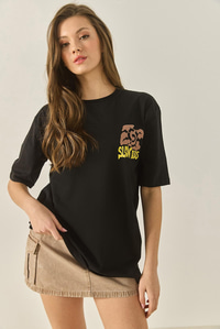 Bisiklet Çiçek Grafik Baskılı Oversize Pamuklu T-Shirt 60284050 - Siyah