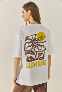Bisiklet Çiçek Grafik Baskılı Oversize Pamuklu T-Shirt 60284050 - Beyaz