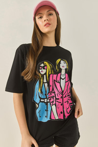 Bisiklet Yaka Baskılı Kısa Kollu Kadın T-Shirt 5242 60284049 - Siyah