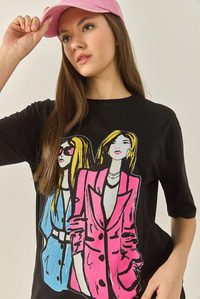Bisiklet Yaka Baskılı Kısa Kollu Kadın T-Shirt 5242 60284049 - Siyah
