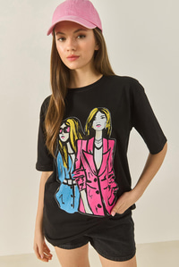 Bisiklet Yaka Baskılı Kısa Kollu Kadın T-Shirt 5242 60284049 - Siyah