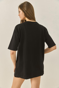 Bisiklet Yaka Baskılı Kısa Kollu Kadın T-Shirt 5242 60284049 - Siyah
