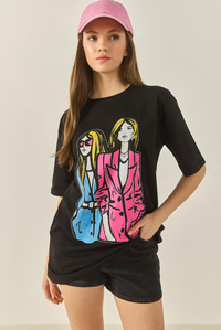 Bisiklet Yaka Baskılı Kısa Kollu Kadın T-Shirt 5242 60284049 - Siyah