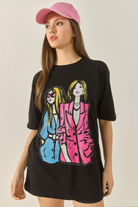 Bisiklet Yaka Baskılı Kısa Kollu Kadın T-Shirt 5242 60284049 - Siyah