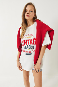 Bisiklet Yaka Baskılı Oversize T-Shirt 3091 60283076 - Beyaz