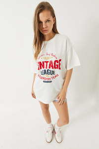 Bisiklet Yaka Baskılı Oversize T-Shirt 3091 60283076 - Beyaz