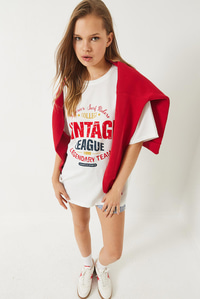 Bisiklet Yaka Baskılı Oversize T-Shirt 3091 60283076 - Beyaz