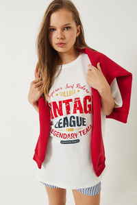 Bisiklet Yaka Baskılı Oversize T-Shirt 3091 60283076 - Beyaz