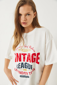 Bisiklet Yaka Baskılı Oversize T-Shirt 3091 60283076 - Beyaz