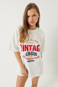 Bisiklet Yaka Baskılı Oversize T-Shirt 3091 60283076 - Beyaz