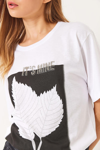 Bisiklet Yaka Boncuk Taş Detaylı Yaprak Desen Baskılı T-Shirt 60261390 - Beyaz