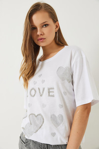 Bisiklet Yaka Boncuk ve Taş Kalp Baskılı T-Shirt 60261389 - Beyaz