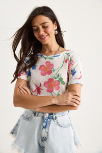 Bisiklet Yaka Desenli Dijital Baskılı Regular Yazlık Örme T-Shirt 60282015 - Beyaz-Pembe