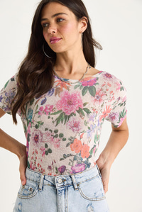 Bisiklet Yaka Desenli Dijital Baskılı Regular Yazlık Örme T-Shirt 60282015 - Bej-Mor