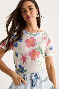 Bisiklet Yaka Desenli Dijital Baskılı Regular Yazlık Örme T-Shirt 60282015 - Beyaz-Pembe