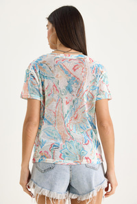 Bisiklet Yaka Desenli Dijital Baskılı Regular Yazlık Örme T-Shirt 60282015 - Çok Renkli