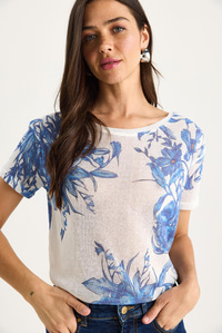 Bisiklet Yaka Desenli Dijital Baskılı Regular Yazlık Örme T-Shirt 60282015 - Beyaz-Mavi