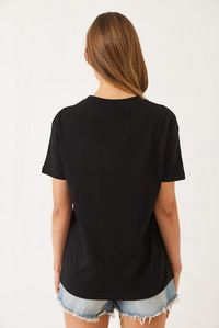 Bisiklet Yaka Kelebek Kalp Baskılı Kısa Kollu T-Shirt 60602020 - Siyah