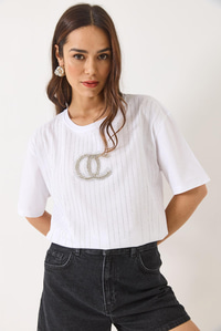 Bisiklet Yaka Kısa Kollu Boncuk Taş Baskılı Salaş T-Shirt 60283037 - Beyaz