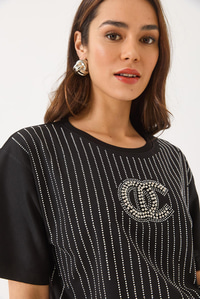 Bisiklet Yaka Kısa Kollu Boncuk Taş Baskılı Salaş T-Shirt 60283037 - Siyah