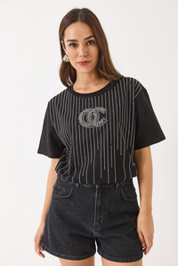 Bisiklet Yaka Kısa Kollu Boncuk Taş Baskılı Salaş T-Shirt 60283037 - Siyah
