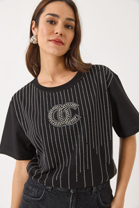 Bisiklet Yaka Kısa Kollu Boncuk Taş Baskılı Salaş T-Shirt 60283037 - Siyah
