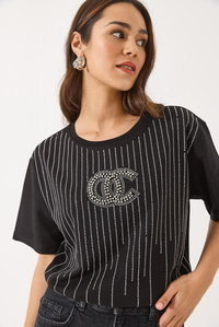 Bisiklet Yaka Kısa Kollu Boncuk Taş Baskılı Salaş T-Shirt 60283037 - Siyah
