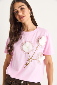 Bisiklet Yaka Kısa Kollu Nakışlı Kabartma Aksesuarlı T-Shirt 60602024 - Pembe
