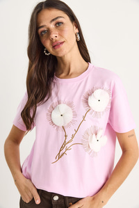Bisiklet Yaka Kısa Kollu Nakışlı Kabartma Aksesuarlı T-Shirt 60602024 - Pembe