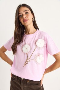 Bisiklet Yaka Kısa Kollu Nakışlı Kabartma Aksesuarlı T-Shirt 60602024 - Pembe